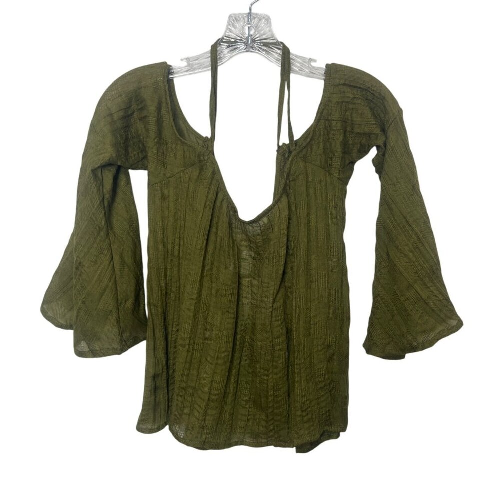 InTu‎ Bell Sleeve Top Cold Shoulder Womens Small Olive Green New